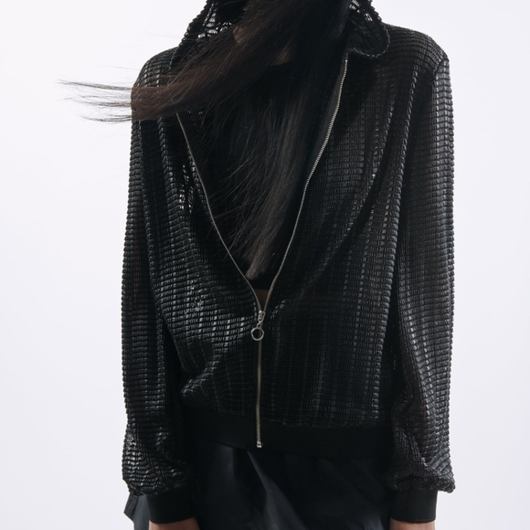 Zara Open work Hooded Bomber Jacket - Picture 1 of 4